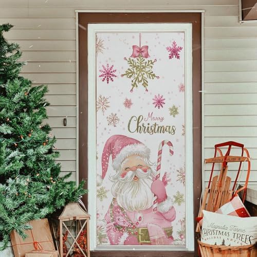 Pfrewn Christmas Decorations Door Cover Cute Sweet Pink Santa Claus Front Door Backdrop Banner Winter Holiday Garage Door Sign for Home Indoor Outdoor Party Supplies 36x98 in - Image 6