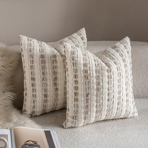 Caflife Beige Striped Chenille Boho Throw Pillow Covers 22x2 Inch Set of 2 - Image 2