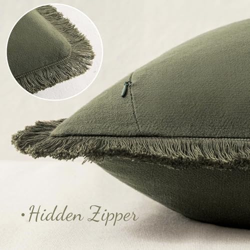 MIULEE Boho Linen Fringe Decorative Throw Pillow Covers Olive Green 18x18 - Image 3