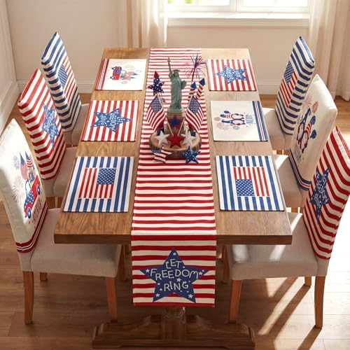 Newtay 13 Pcs 4th of July Table Runner Placemats and Dining Chair Cover Set Patriotic Red White Blue Decoration for 250th Anniversary Memorial Independence Day Kitchen Dining Home Party Decor(Stylish) - Image 4