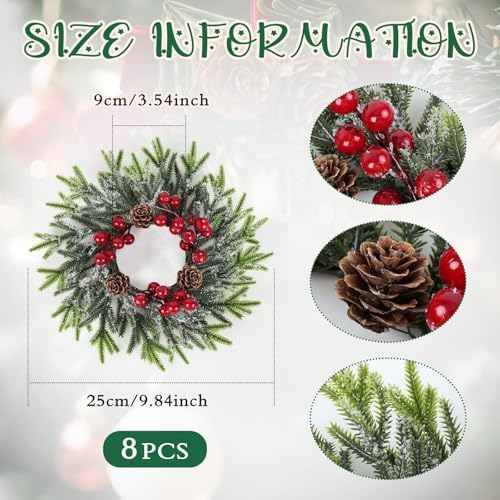 8 Pcs Christmas Candle Rings Wreath Mini Christmas Table Centerpieces Red Berry Pinecones Wreaths for Kitchen Cabinet for Holiday Table Centerpiece Farmhouse Front Door Porch Wall Decoration - Image 3