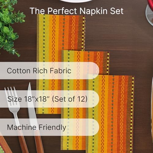 LFH Home Cotton Rich Cloth Salsa Napkin Set of 12 Washable Soft Durable Striped Table Napkins for Dining Wedding Daily Use Reusable Eco-Friendly Fabric Napkins (18x18)-Orange Multi Thanks Giving - Image 2