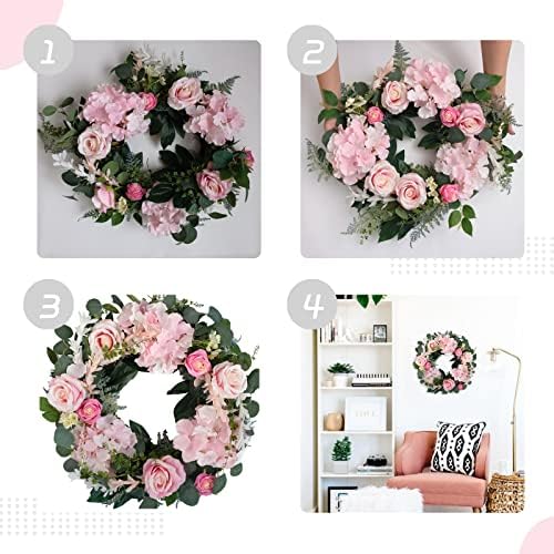 Artificial Pink Rose Wreath - 20 Inch Front Door Wreath with Hydrangea Leaves for Spring, Valentine's, Mother's Day, Wedding & Home Decor - Image 5