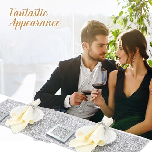 Dandat 12 Pcs Silver Rhinestone Placemat Napkin Ring Coaster Set, Square - Image 5