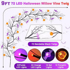 9FT 72 LED Halloween Garland with Lights Lighted Black Willow Vine Decorations with 12 Pumpkin & 12 Bat Light, 8 Modes Battery Operated Halloween Lights Indoor Spooky Decor for Fireplace Mantel Wall - Image 2