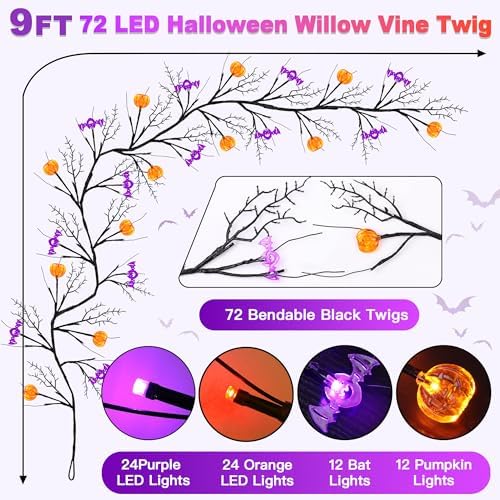 9FT 72 LED Halloween Garland with Lights Lighted Black Willow Vine Decorations with 12 Pumpkin & 12 Bat Light, 8 Modes Battery Operated Halloween Lights Indoor Spooky Decor for Fireplace Mantel Wall - Image 2
