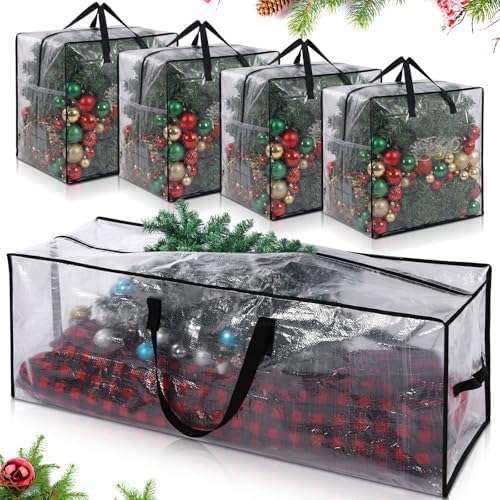 Simgoing 5 Pack Christmas Storage Bags, 7.5 Ft Christmas Tree Large Bag and 4 Garland Wreath Containers Packing Tote Moving Bags with Handle Zipper Heavy Duty for Artificial Xmas Tree Wreath Garland by Simgoing