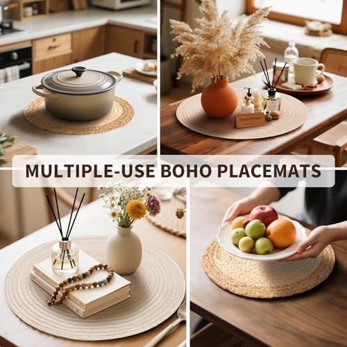 Handmade Round Boho Placemats Set of 6 | Natural Woven & Polyester Braided Combo Table Mats | 12-Piece Versatile Place Mats | Simple Rustic Farmhouse Style Dining Table Decor, Beige - Image 5