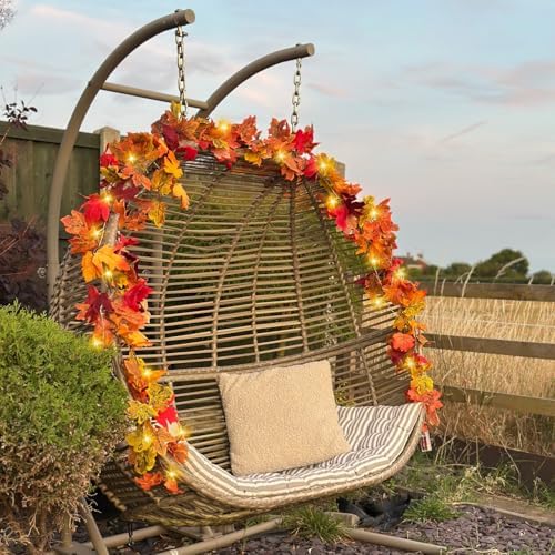 CQURE 9 Pack Fall Leaf Garland with Lights, Fall Vines Autumn Garland LED Lights Artificial Maple Fall Leaves Thanksgiving Decor for Home Wedding Fireplace Party - Image 7