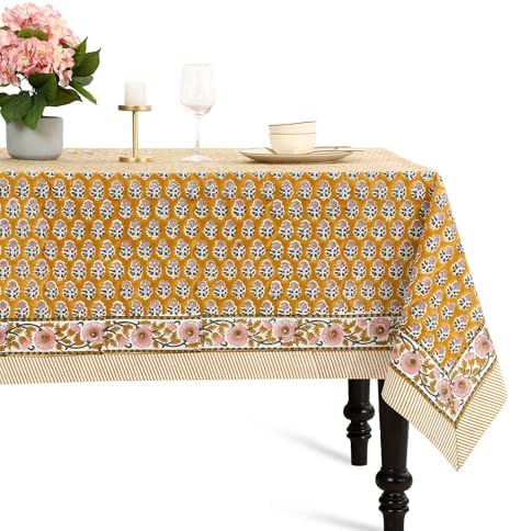 CPC Yellow Citrine Block Print 100% Cotton Rectangle Tablecloth 54x54 Inch by COTTONPRINTCLUB