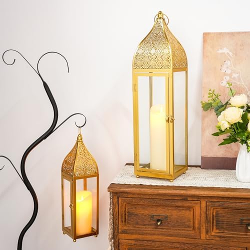 TRIROCKS 2-Pack Moroccan Candle Lanterns 22'' H Metal Candle Holder with Tempered Glass for Wedding Patio Farmhouse Ramadan Christmas Home Decor (Gold) - Image 6