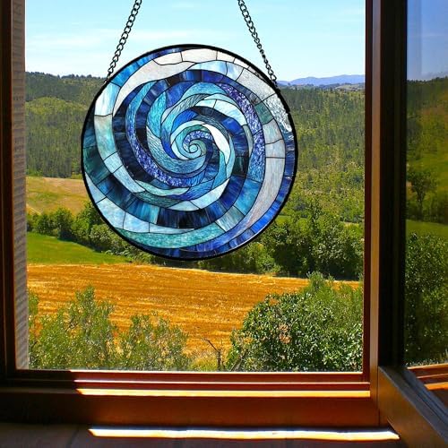 Blue Ocean Wave Stained Glass Window Hanging Suncatcher Gift for Women 15" - Image 3