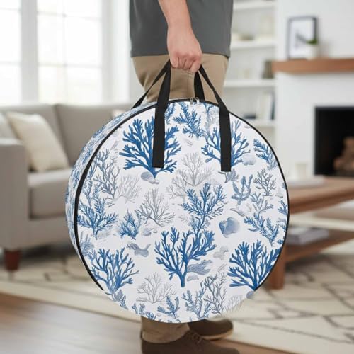 Water Blue Coral Round Storage Bag 24 Inch, Summer Shell Starfish Marine Life Clothes Storage Container with Handles Heavy Duty Organizer for Comforter, Bedding & Holiday Wreaths - Image 2
