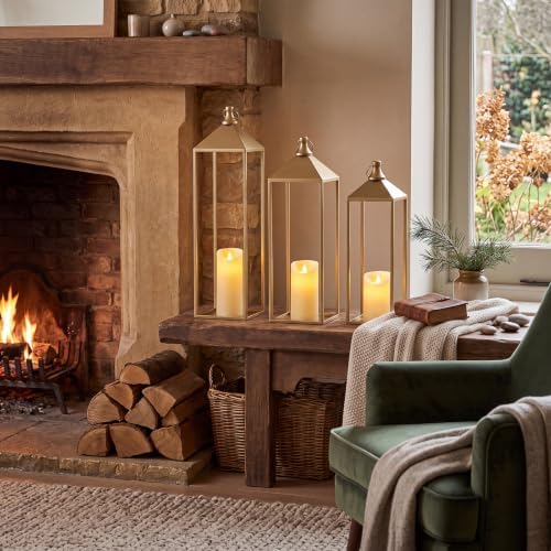 3 Pcs Large Gold Decorative Lanterns with Candles, Metal Candle Lantern - Image 4