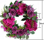 Artificial Purple Rose Wreaths 20 inches Front Door Wreath with Hydrangea Green Leaves Artificial Spring Wreaths Valentines Mother's Day Wreath for Wall Wedding Party Home Decor (Purple) - Image 2