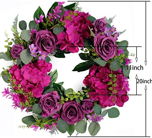 Artificial Purple Rose Wreaths 20 inches Front Door Wreath with Hydrangea Green Leaves Artificial Spring Wreaths Valentines Mother's Day Wreath for Wall Wedding Party Home Decor (Purple) - Image 2