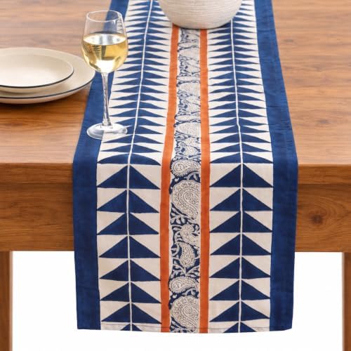 Hand Block Printed Cotton Table Runner, Machine Washable Cotton Runner, Boho Floral Centerpiece Accent for Dining Tables and Buffet Cabinets, 16x70 Inches - Indigo Blue & Orange by THEARTBOX