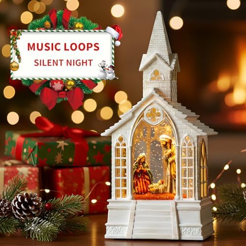 Christmas Snow Globes Church Nativity Water Lantern,Silent Night Music, Holiday Decorations Gifts for Family Children or Friends - Image 2