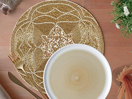 Handmade Beaded Placemat Charger, 13 Inch Round, Set of 2, Beautiful Decorative Dining Table Placemat for Your Dinner Table Décor - Gold Multi - Image 4