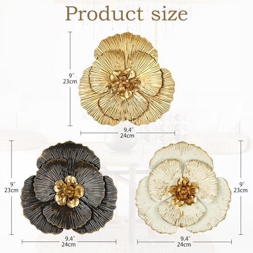 DILATATA 3 Pcs Metal Flower Wall Art Set 10 Inch Rustic Modern Floral Sculpture 3D Metal Flower Wall Hanging Accent for Indoor Living Room Bedroom Kitchen Bathroom Garden Patio Decor - Mixcolor - Image 2