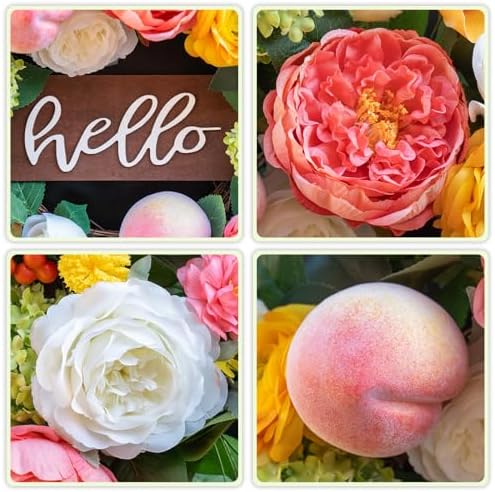 Spring Wreath for Front Door, 24 Inch Artificial Spring and Summer Wreath with Peony, Rose, Orchid, Hydrangea and Gardenia Flowers, Peach, Berries and Hello Wooden Sign, Decor for Indoor Outdoor - Image 2