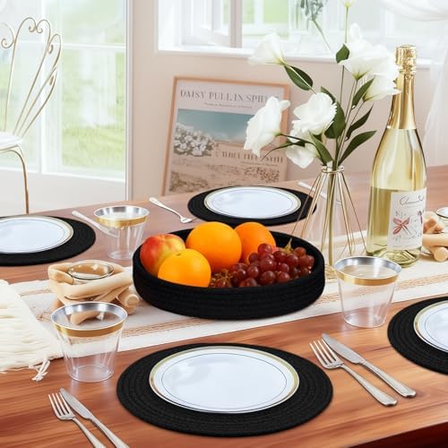 Round Placemats Set of 6 with Holder, Cotton Rope Woven Place Mats, Hot Pads for Kitchen, Heat Resistant Table Mats, 13 Inch Farmhouse Washable Braided Placemat for Kitchen Decor (Black) - Image 5