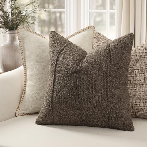 YCOLL Textured Boucle Throw Pillow Covers 24x24 Pack of 2 - Soft Neutral Striped Cushion Covers, Cozy Accent Decorative Pillow Covers for Couch, Sofa, Bed, Living Room (Brown) - Image 2