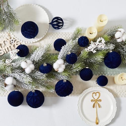 30pcs Velvet Christmas Ball Ornaments, Flocked Shatterproof Christmas Ornaments Hanging Xmas Tree Decorations Set for Home Party Holiday Decor (Multi-Size, Blue) - Image 3