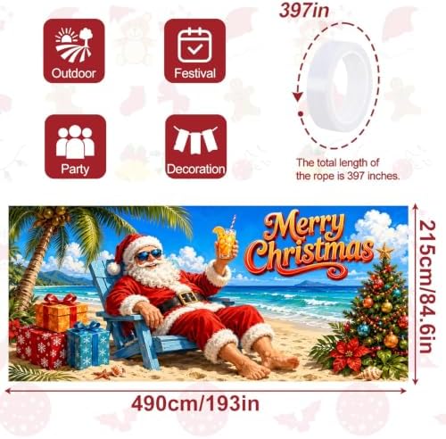7x16FT Christmas Summer Garage Door Cover Decorations Christmas Santa Claus Beach Vacation Garage Door Banner for Outdoor Indoor Christmas Decorations Party Photography Backdrop - Image 2