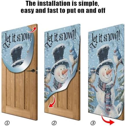 Pfrewn Christmas Decorations Door Cover Winter Snowman Cute Blue Birds Front Door Backdrop Banner Winter Holiday Garage Door Sign for Home Indoor Outdoor Party Supplies 36x98 in - Image 2