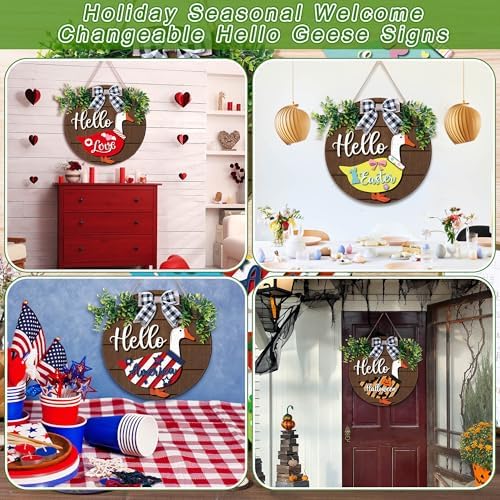 Weysat 13 Pcs Interchangeable Wooden Goose Decor, 11.8 Inch Holiday Seasonal Welcome Changeable Hello Geese Signs Rustic Farmhouse Front Door Round Wreaths Hanging Decorations for Porch Home Outdoor - Image 5