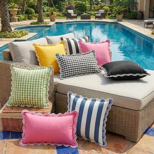 Black and White Striped Scalloped Outdoor Lumbar Pillow Covers 12x20 - Image 7