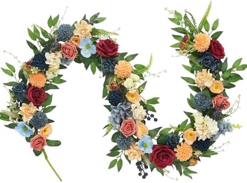 70 Inch Spring Garland - Farmhouse Boho Faux Flower Garland with Roses, Dahlias & Greenery, Hanging Wreath for Wedding Arch, Home Decor, Party Backdrop Spring Front Door Fireplace Table Decor by vivimemo