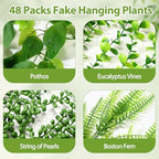 Daifunli 48 Pcs Artificial Hanging Plants Fake Hanging Ferns Plastic Fake Plants for Wall Room Garden Garland Indoor Outdoor Decor No Basket (Boston,Eucalyptus,Ivy Vine,String of Pearls) - Image 4