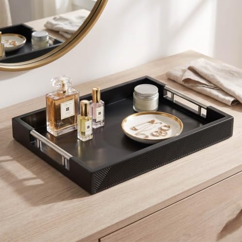 Decorative Serving Tray, Modern Rectangle Wood Tray with Polished Metal Handles, Glossy Finish, 16.5x12 Inch, for Coffee Table, Ottoman (Black) - Image 6