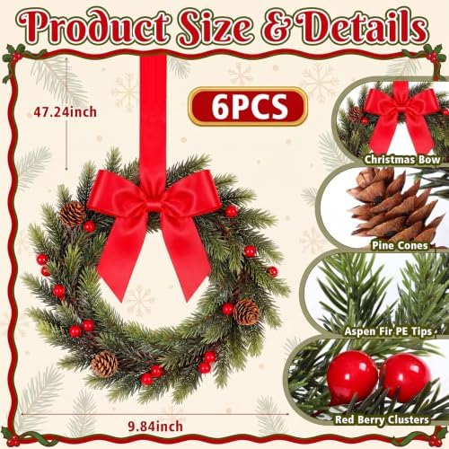 6 Pcs 10 Inch Mini Christmas Norfolk Wreath for Cabinet Decoration - Image 3