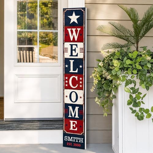 48x8" Custom 4th of July Welcome Porch Sign, Personalized Patriotic Porch Decor for Independence Day, Standing Welcome Sign for Front Door, PVC, Design 1 by BasicFundamentals