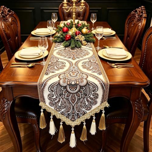Classical Paisley Jacquard Chenille Table Runner 72 Inch with Tassels - Image 2