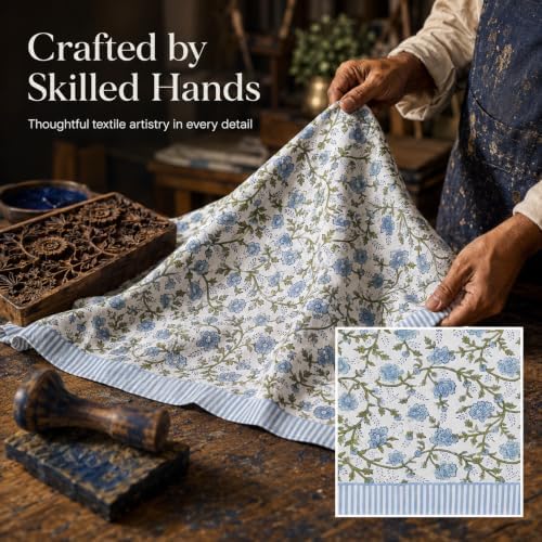Floral Rectangle Table cloth | 100% Cotton Hand Block Printed Thanksgiving Spring Table Cover| Dust Proof Wrinkle Resistant, for Dining , Kitchen, Festive, Parties, Weddings (Blue White, 72x120 inch) - Image 4