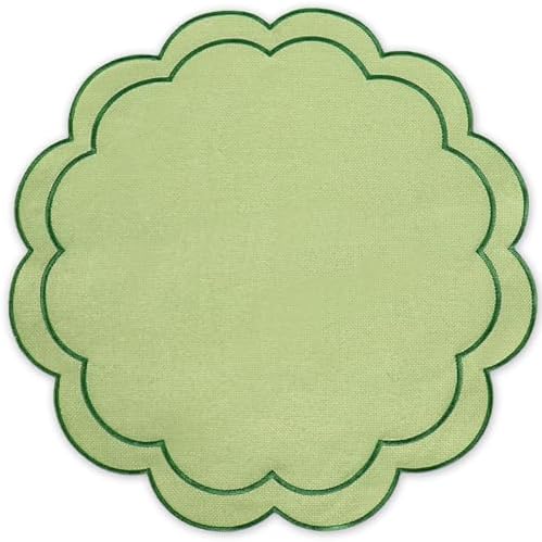 Whaline Green Linen Placemats Embroidered Round Scalloped Kitchen Place Mats for Spring Party Hotel Restaurant Kitchen Home Dining Table Decor, Set of 6, 15 x 15 in by Whaline
