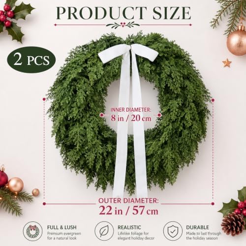 Jutom 2 Pack 22" Artificial Christmas Cedar Wreath with Soft Leaves & Ribbon, Realistic Cedar Wreath, Winter Greenery Pine Wreaths for Front Door, Wall, Window, Indoor Outdoor - Image 2