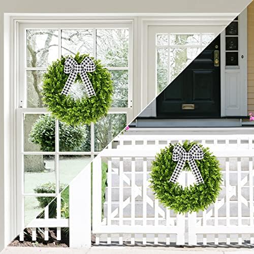 Vlorart 24" Large Boxwood Wreath for Front Door, Artificial Greenery Wreath with Plaid Bow, Full Lush Spring Summer Farmhouse Wall, Window & Wedding Decor - Image 6