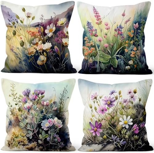 Wild Flower Throw Pillow Covers 22''x22'' Set of 4, Spring Blooming Floral Garden Pillowcases Colorful Printed Cushion Covers for Couch Sofa Home Bedroom Farmhouse Livingroom Patio Car by VieSavaran