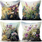 Wild Flower Throw Pillow Covers 24''x24'' Set of 4, Spring Blooming Floral Garden Pillowcases Colorful Printed Cushion Covers for Couch Sofa Home Bedroom Farmhouse Livingroom Patio Car by VieSavaran