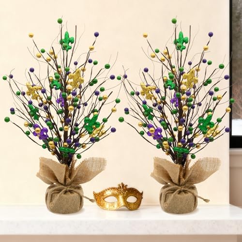 nuvagiki Mardi Gras Table Tree Decorations, 2 Pack 17'' Artificial Berry Blossom Tree Table Centerpiece for Mardi Gras Holiday Decorations, Mardi Gras Home Decor, Mardi Gras Gifts - Image 2