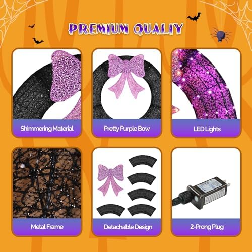 VINGLI 36in Pre Lit Christmas Wreath Halloween for Front Door Mantel & Stair Railing with Lights Indoor Outdoor Doorway Decor Purple - Image 4
