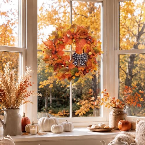 24 Inch Fall Wreath for Front Door with Storage Bag, Autumn Wreaths with Gingham Bow, Orange Maple Leaf, and Berries for Outdoor, Farmhouse Porch Thanksgiving and Harvest Festival Parties - Image 4