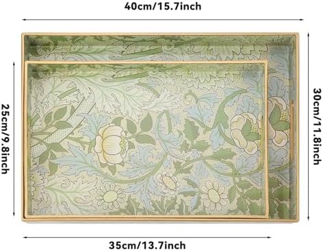 2 Pcs Serving Trays with Handles, Plastic Tray for Ottoman Coffee Table William Morris Decorative Large Rectangular Tray for Serving Living Room Home Tea Coffee Table Decor (Green,Dianthus) - Image 2