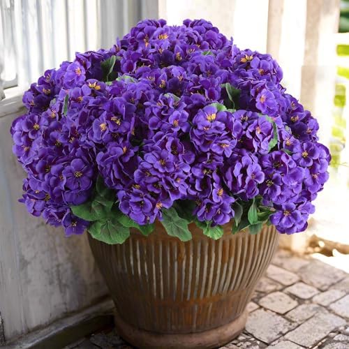 Hananona 12 Pcs Artificial Geranium Flowers for Outdoors Geranium Silk Flowers Outdoor UV Resistant Garden Plants Faux Flowers for Home Kitchen Table Centerpieces Decor (12, Purple) by HANANONA