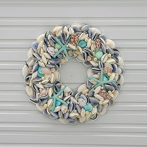 Galt International 18" Nautical Seashell Wreath, Blue | Coastal Beach Floral Home Decor Indoor Outdoor Real Starfish Pearl Seashells - Image 3